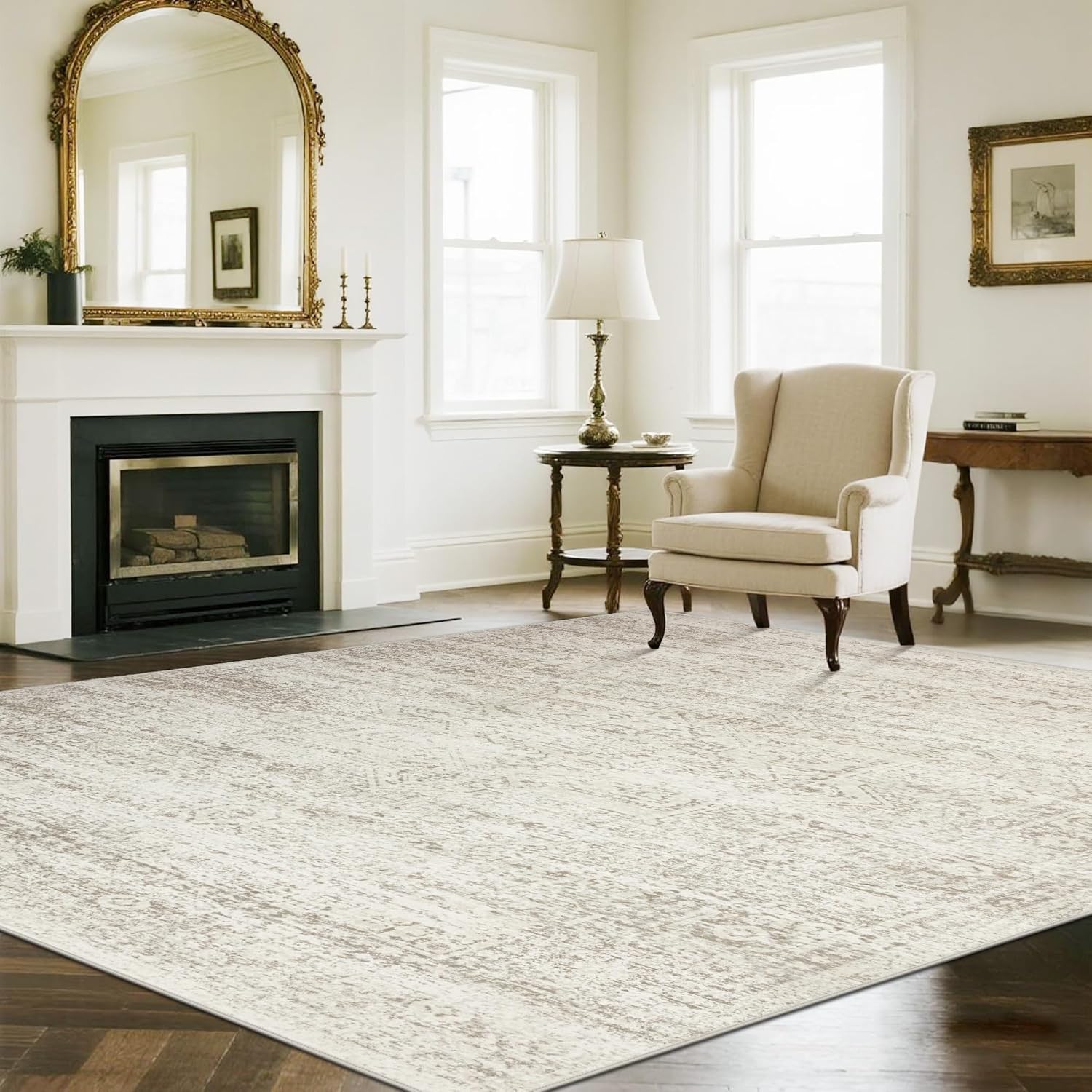 Luxury Washable Faux Wool Area Rug: Ultra Soft, Non-Slip Vintage Print