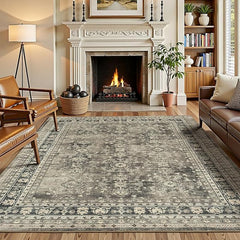 Lessymo Vintage Brown Distressed Floral Area Rug, Machine Washable Non-Slip Carpet
