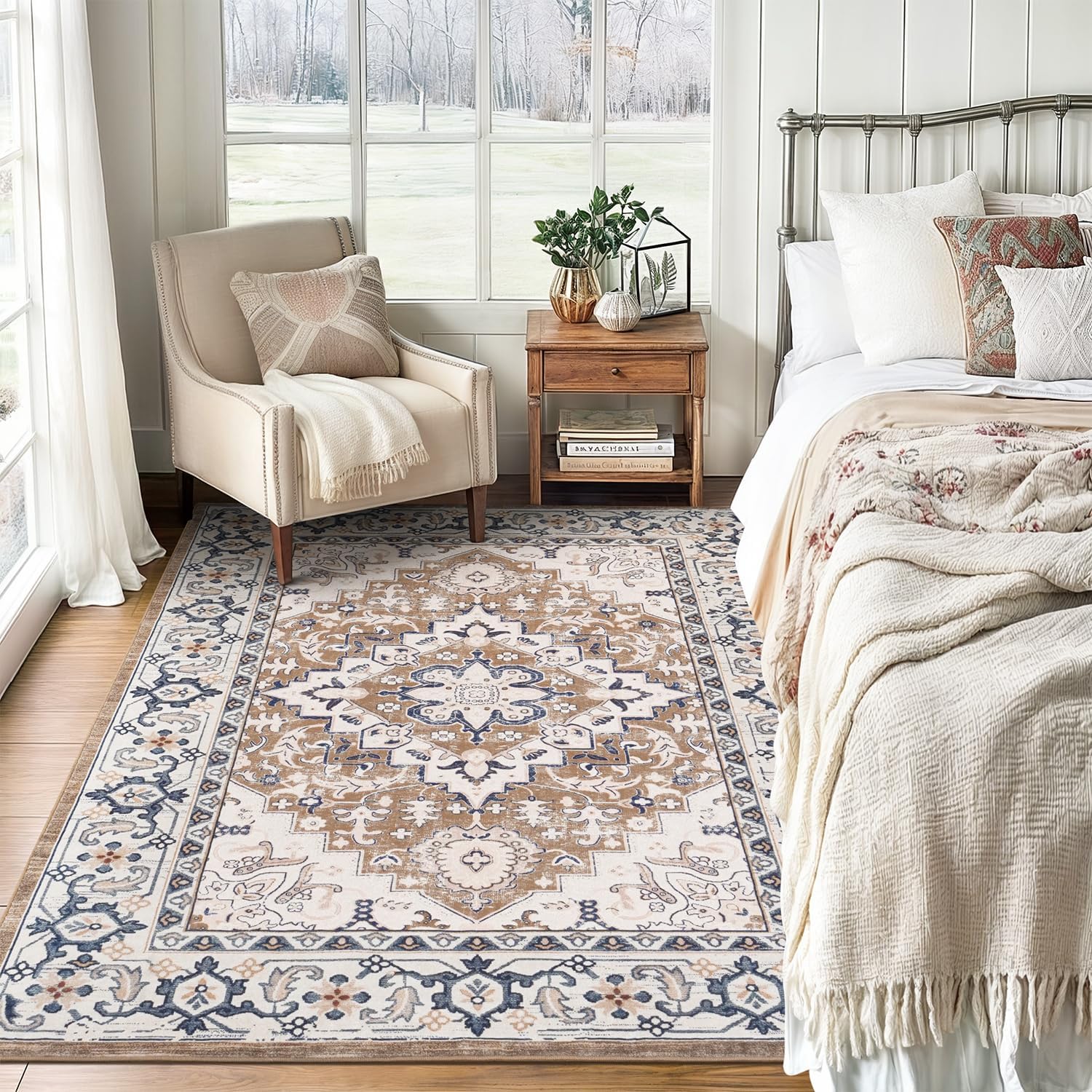 Lofus Floral Brown 5x7 Washable Area Rug: Soft Non-Slip Low Pile