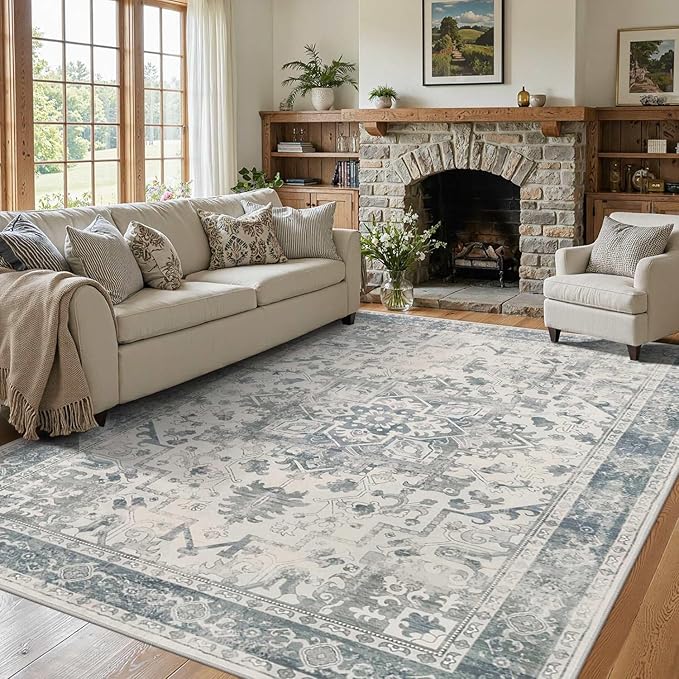 Rugxara Vintage Boho Washable Area Rug 5x7, Light Blue Grey, Non-Slip, Low Pile
