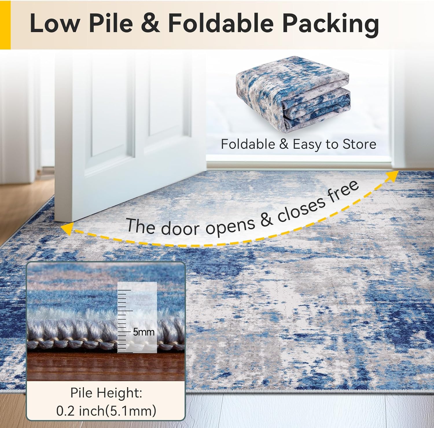 RELEANY Washable Abstract 8'x10' Area Rug, Non-Slip Soft Low-Pile Carpet, Blue-Gray