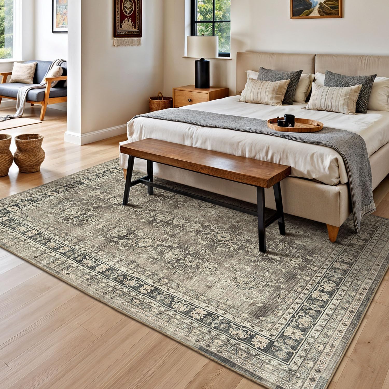 Lessymo Vintage Brown Distressed Floral Area Rug, Machine Washable Non-Slip Carpet