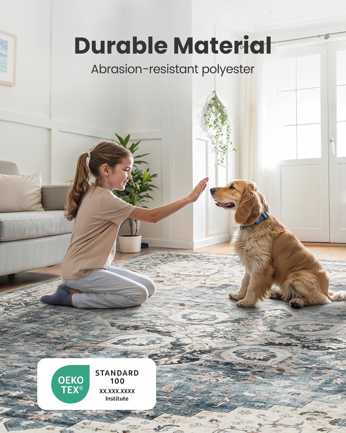 AMADA 8x10 Washable Area Rug: Low-Profile, Non-Slip, Vintage Floral Design