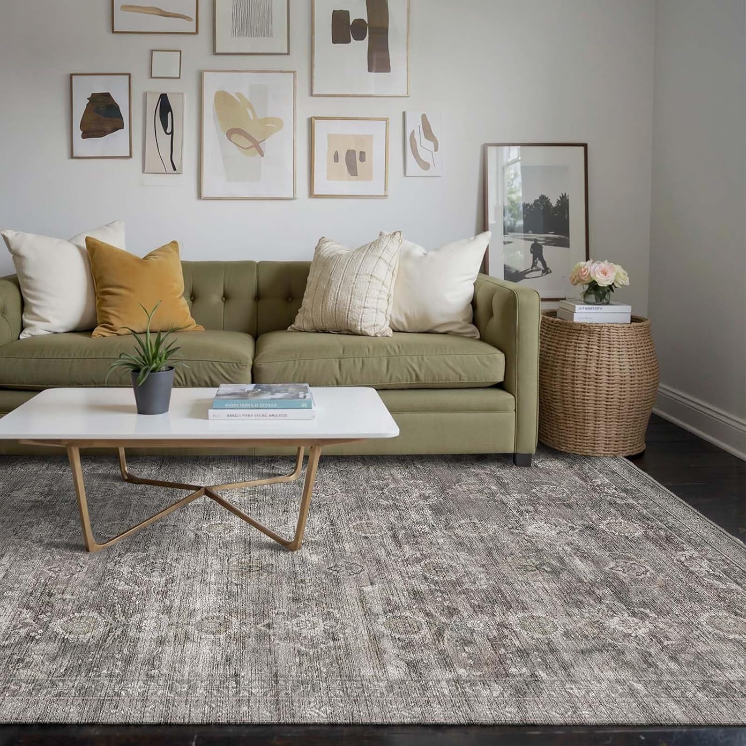 Vintage Boho Washable Faux Wool Rug, Non-Slip Low Pile, Taupe/Grey