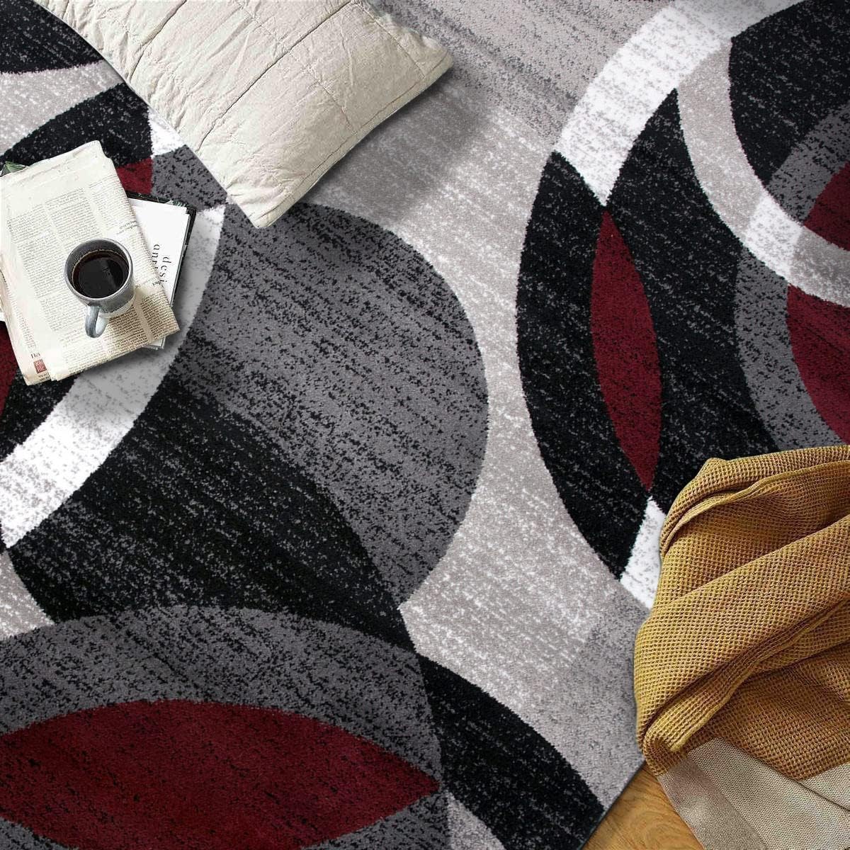 Durable Red Contemporary Abstract Circles Area Rug for High Traffic Living Spaces