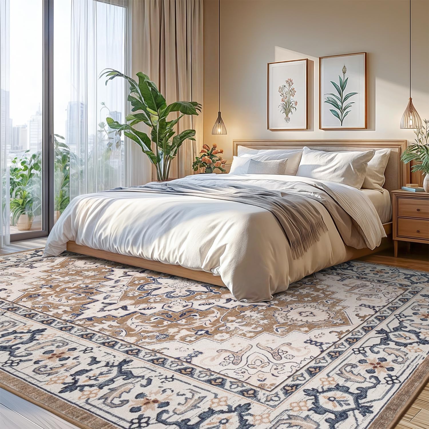 Lofus Floral Brown 5x7 Washable Area Rug: Soft Non-Slip Low Pile