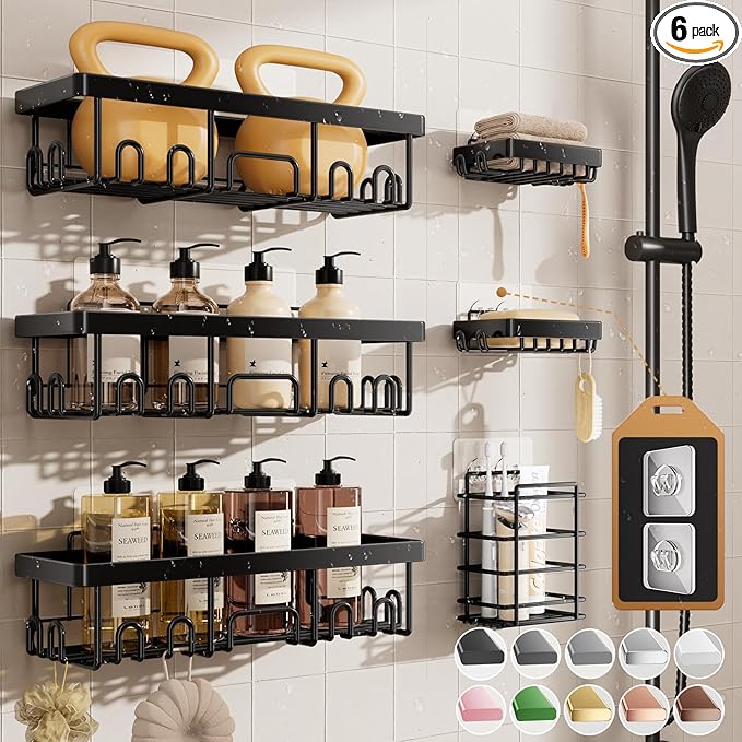 Veken 6-Pack Rustproof Adhesive Shower Caddy - No Drill Wall-Mounted Bathroom Organizer