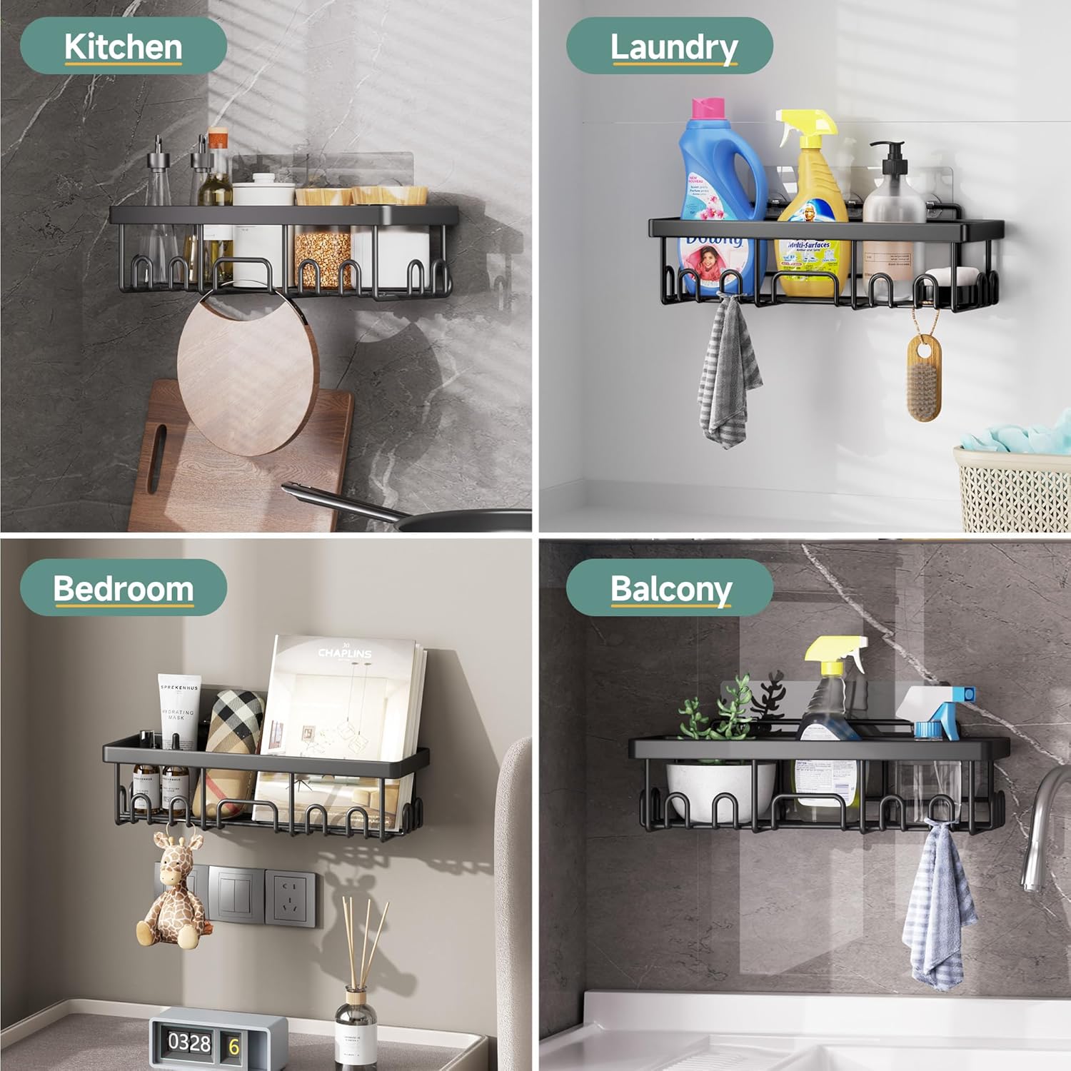 Veken 6-Pack Rustproof Adhesive Shower Caddy - No Drill Wall-Mounted Bathroom Organizer