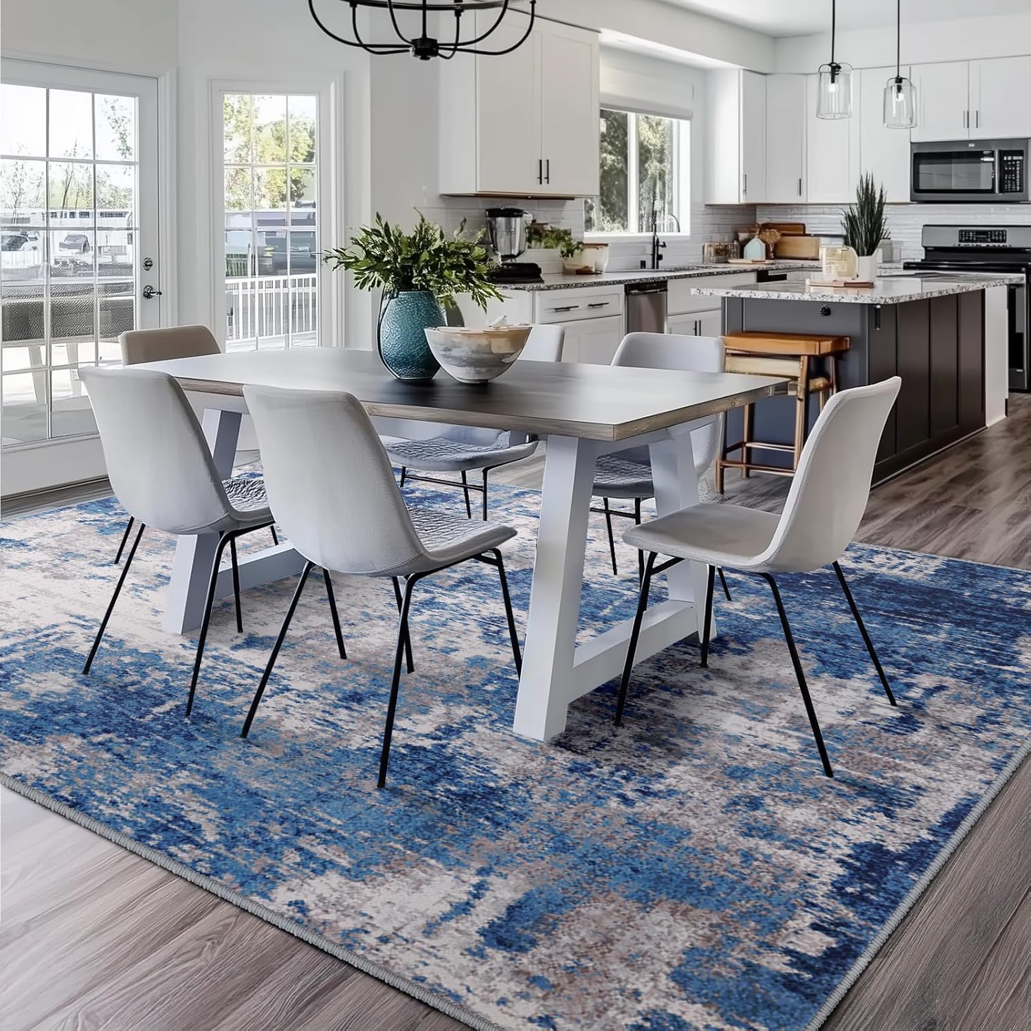 RELEANY Washable Abstract 8'x10' Area Rug, Non-Slip Soft Low-Pile Carpet, Blue-Gray