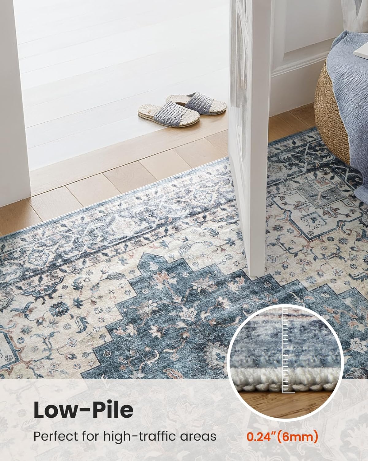 AMADA 8x10 Washable Area Rug: Low-Profile, Non-Slip, Vintage Floral Design
