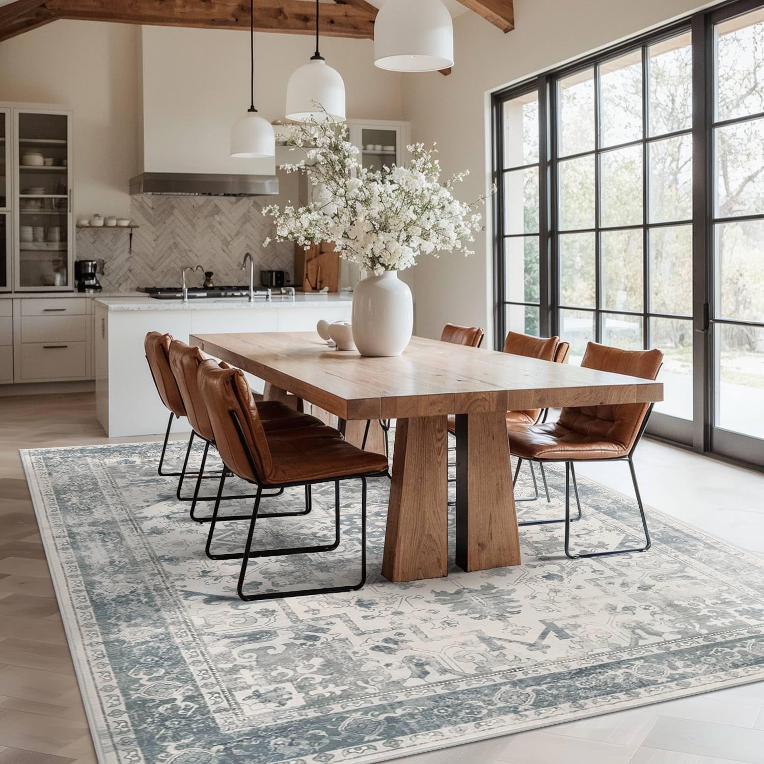 Rugxara Vintage Boho Washable Area Rug 5x7, Light Blue Grey, Non-Slip, Low Pile