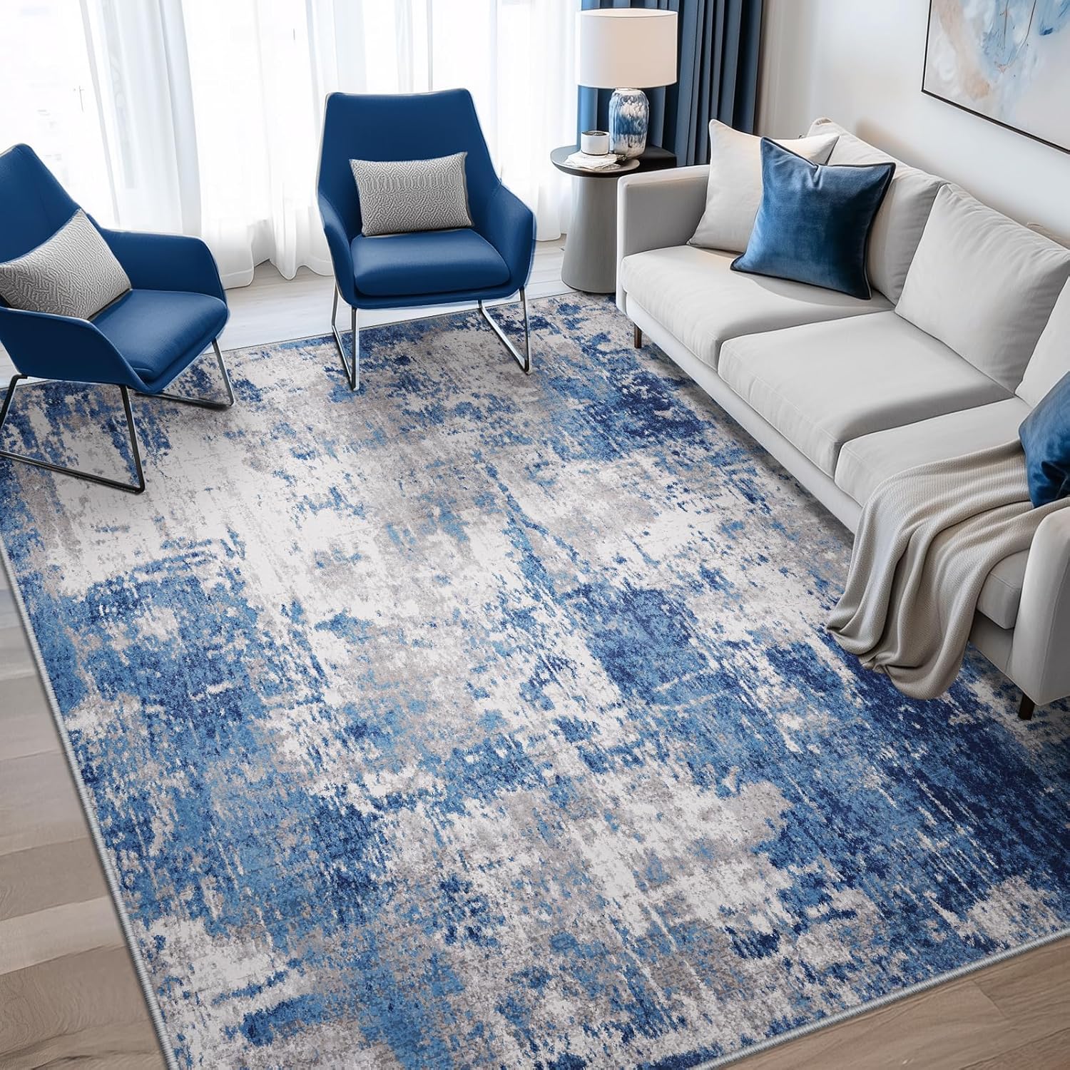 RELEANY Washable Abstract 8'x10' Area Rug, Non-Slip Soft Low-Pile Carpet, Blue-Gray