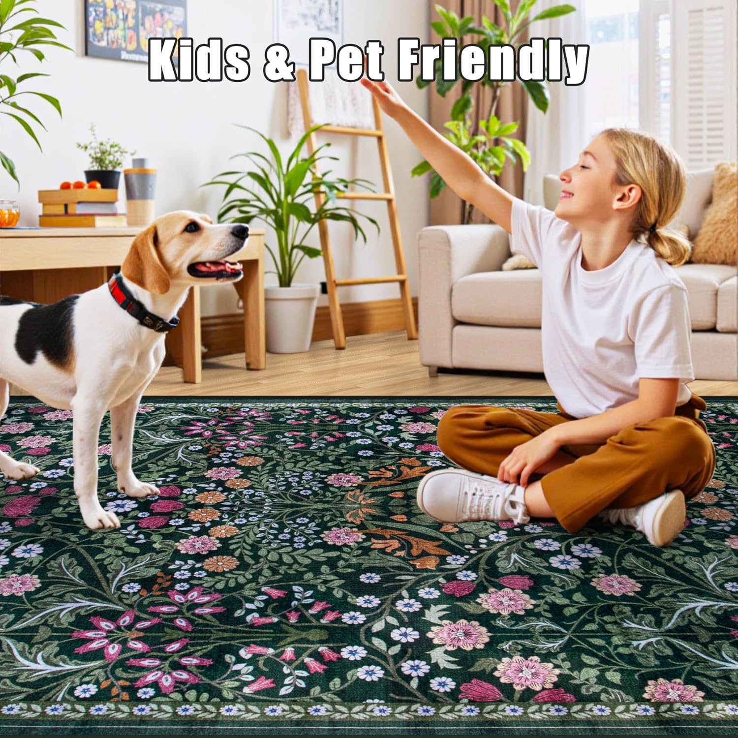 Large 8x10 Floral Washable Area Rug - Vintage Boho, Soft, Non-Slip, Stain Resistant