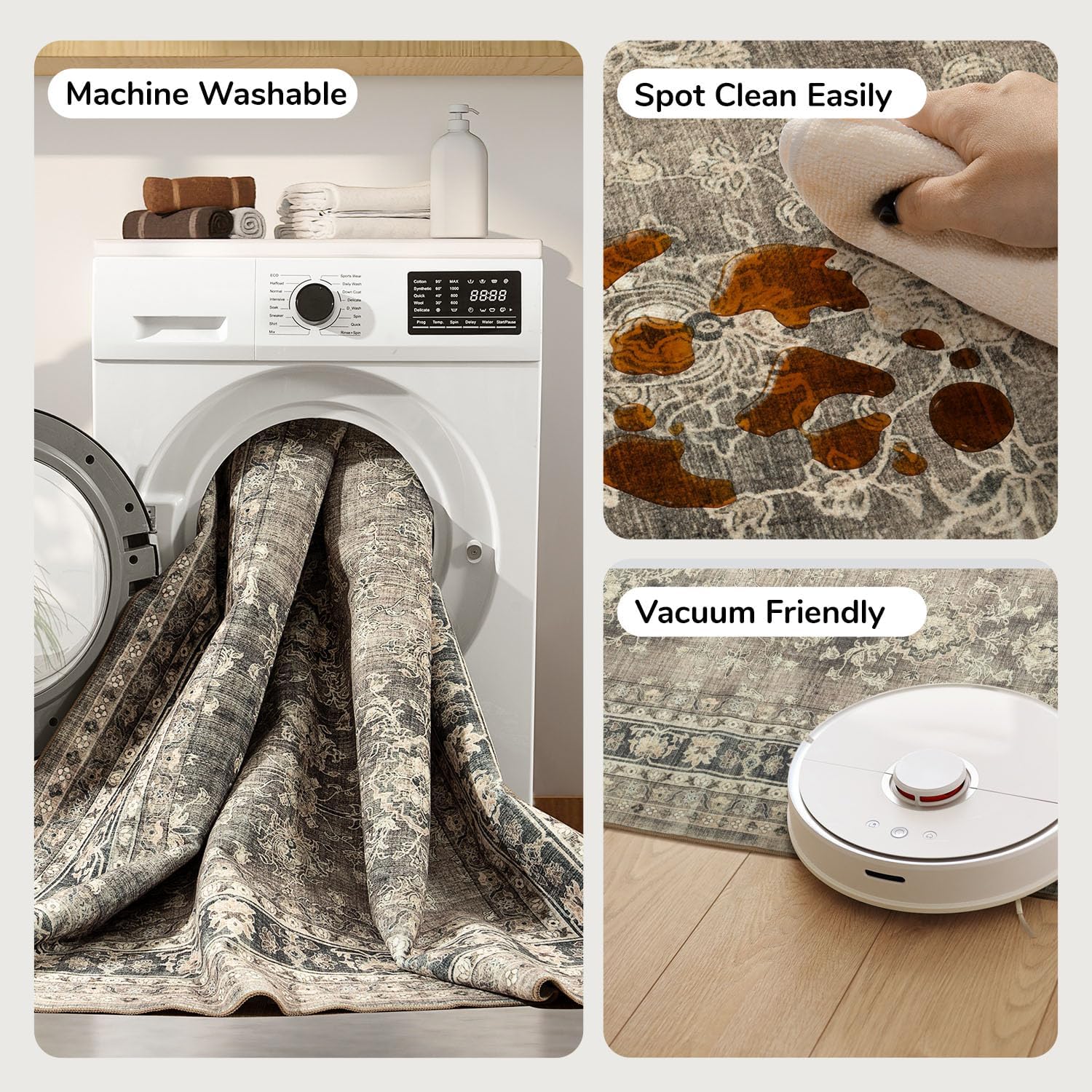 Lessymo Vintage Brown Distressed Floral Area Rug, Machine Washable Non-Slip Carpet