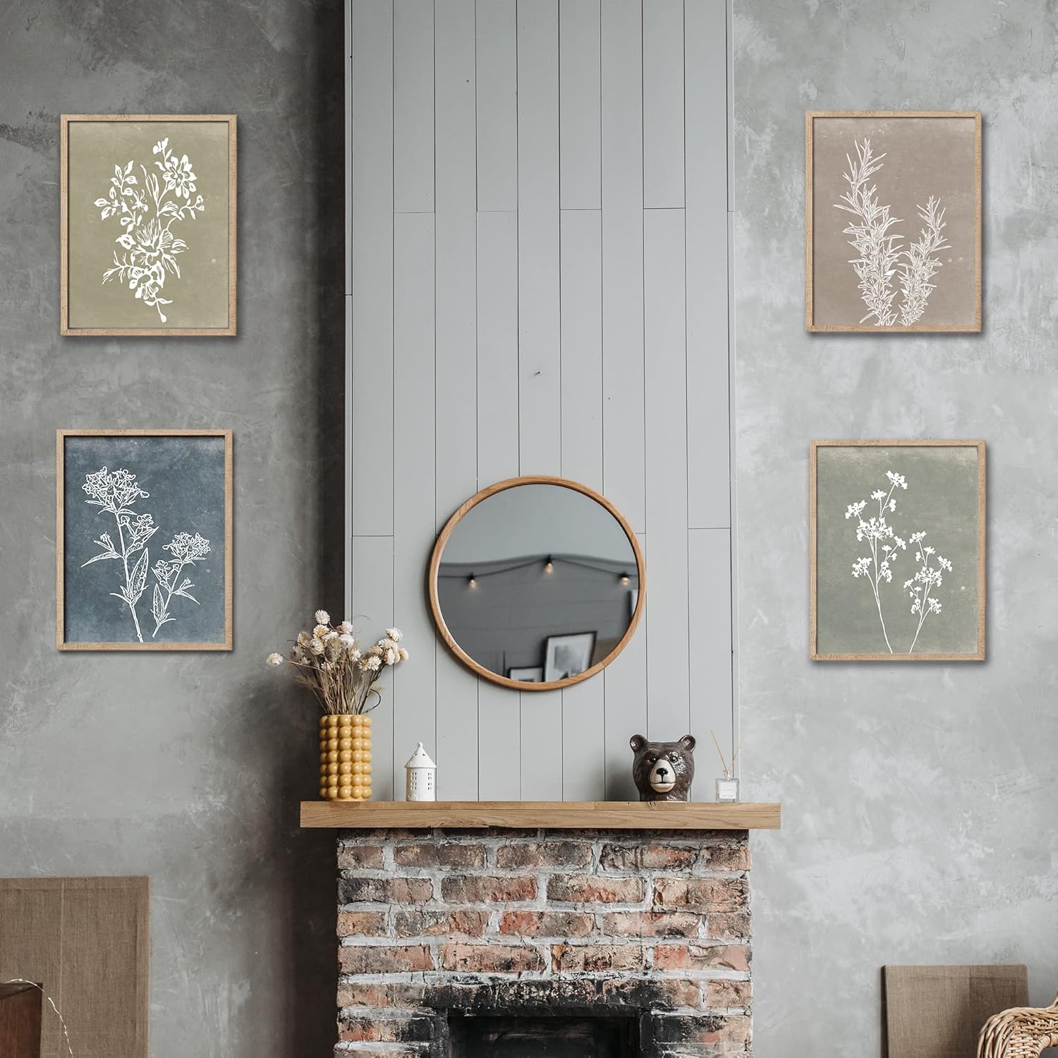 Framed Boho Botanical Wall Art Set of 4 Rustic Farmhouse Decor
