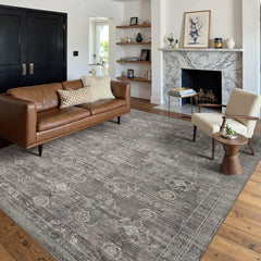Vintage Boho Washable Faux Wool Rug, Non-Slip Low Pile, Taupe/Grey
