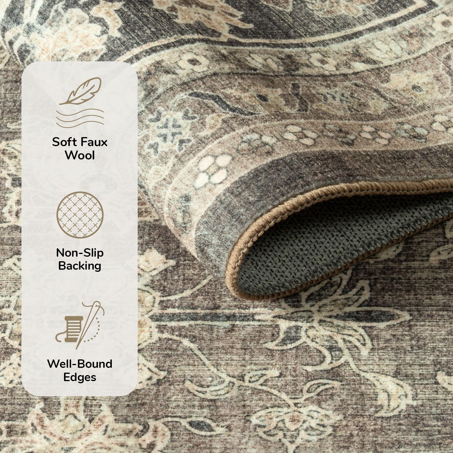 Lessymo Vintage Brown Distressed Floral Area Rug, Machine Washable Non-Slip Carpet