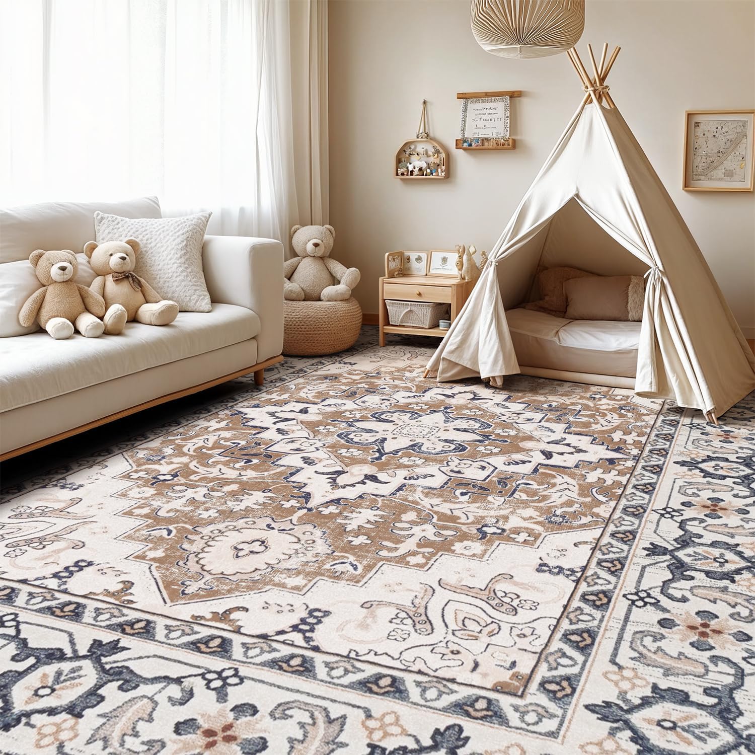 Lofus Floral Brown 5x7 Washable Area Rug: Soft Non-Slip Low Pile