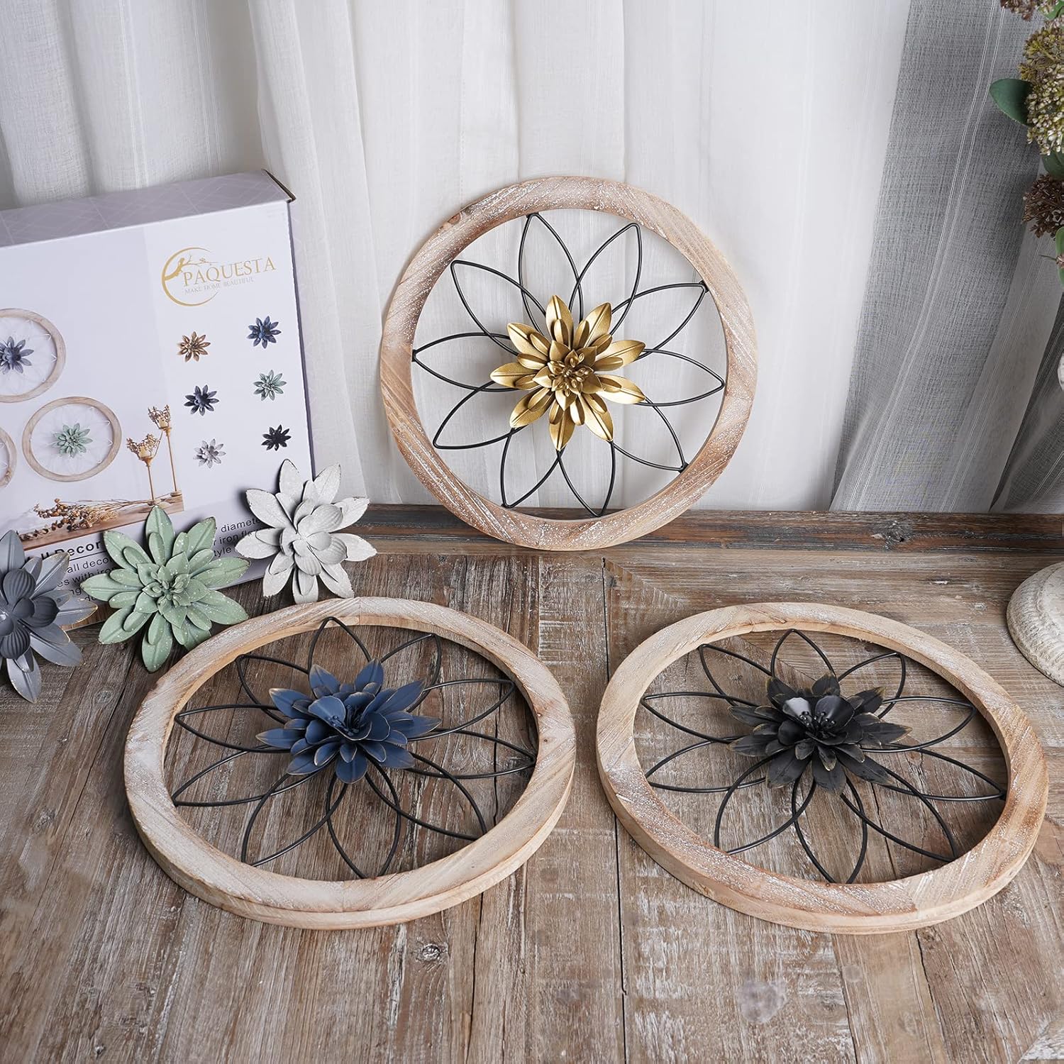 Paquesta 3-Piece Rustic Farmhouse Wall Decor with Interchangeable Metal Flowers