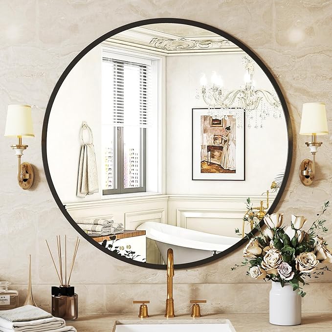 Sweetcrispy 24-Inch Round Black Wall Mirror for Bathroom, Entryway, Bedroom