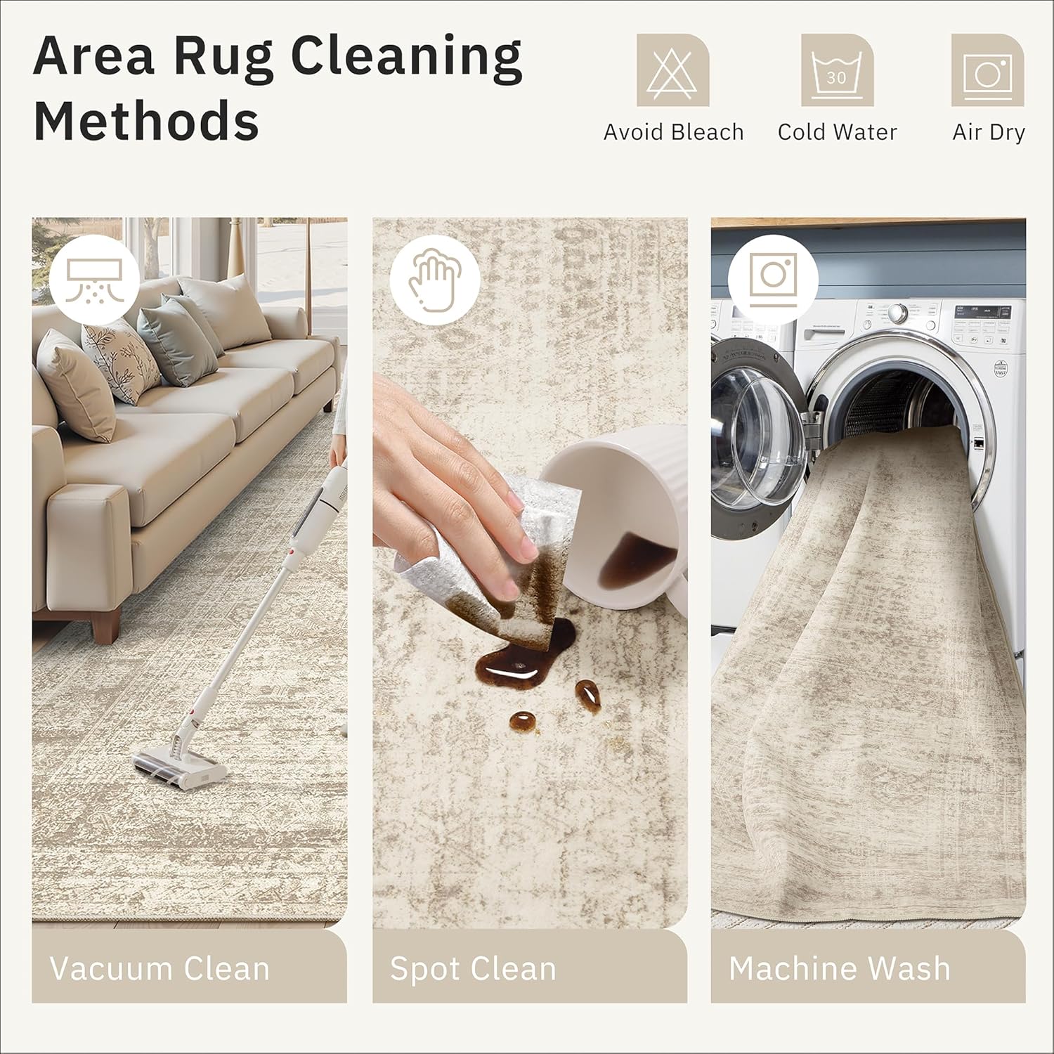 Soalmost Washable Area Rug 8x10, Soft Vintage Beige Carpet for Living Room, Non-Slip, Stain-Resistant