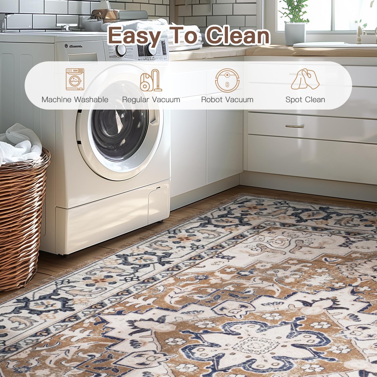 Lofus Floral Brown 5x7 Washable Area Rug: Soft Non-Slip Low Pile