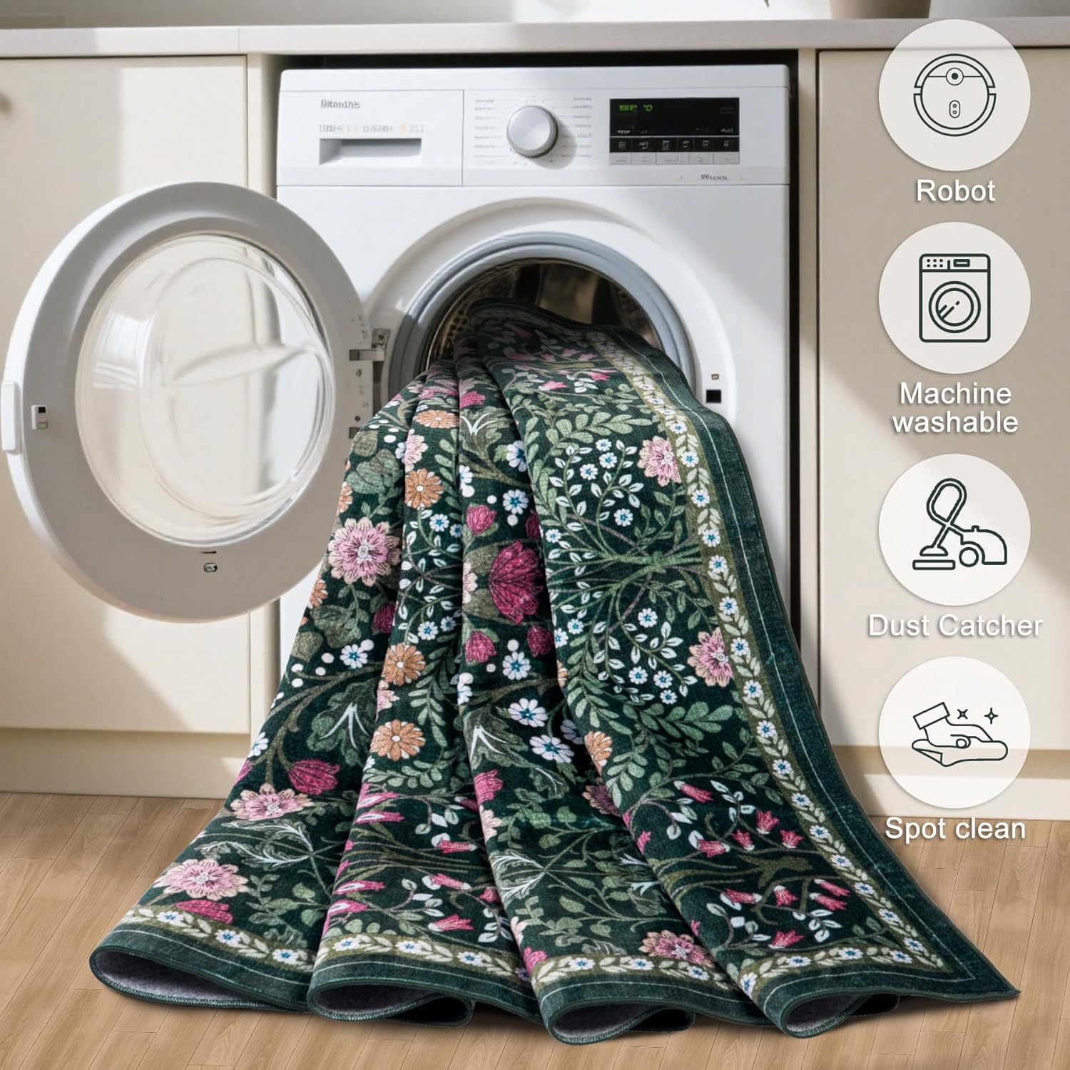 Large 8x10 Floral Washable Area Rug - Vintage Boho, Soft, Non-Slip, Stain Resistant