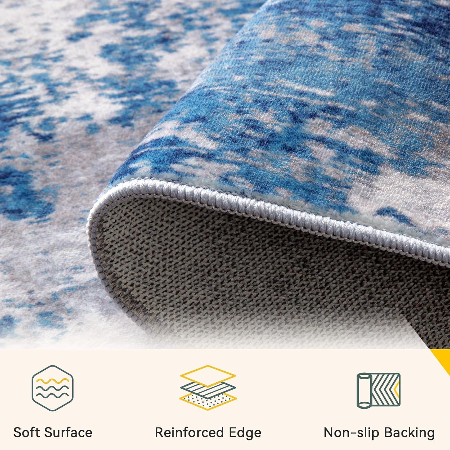 RELEANY Washable Abstract 8'x10' Area Rug, Non-Slip Soft Low-Pile Carpet, Blue-Gray