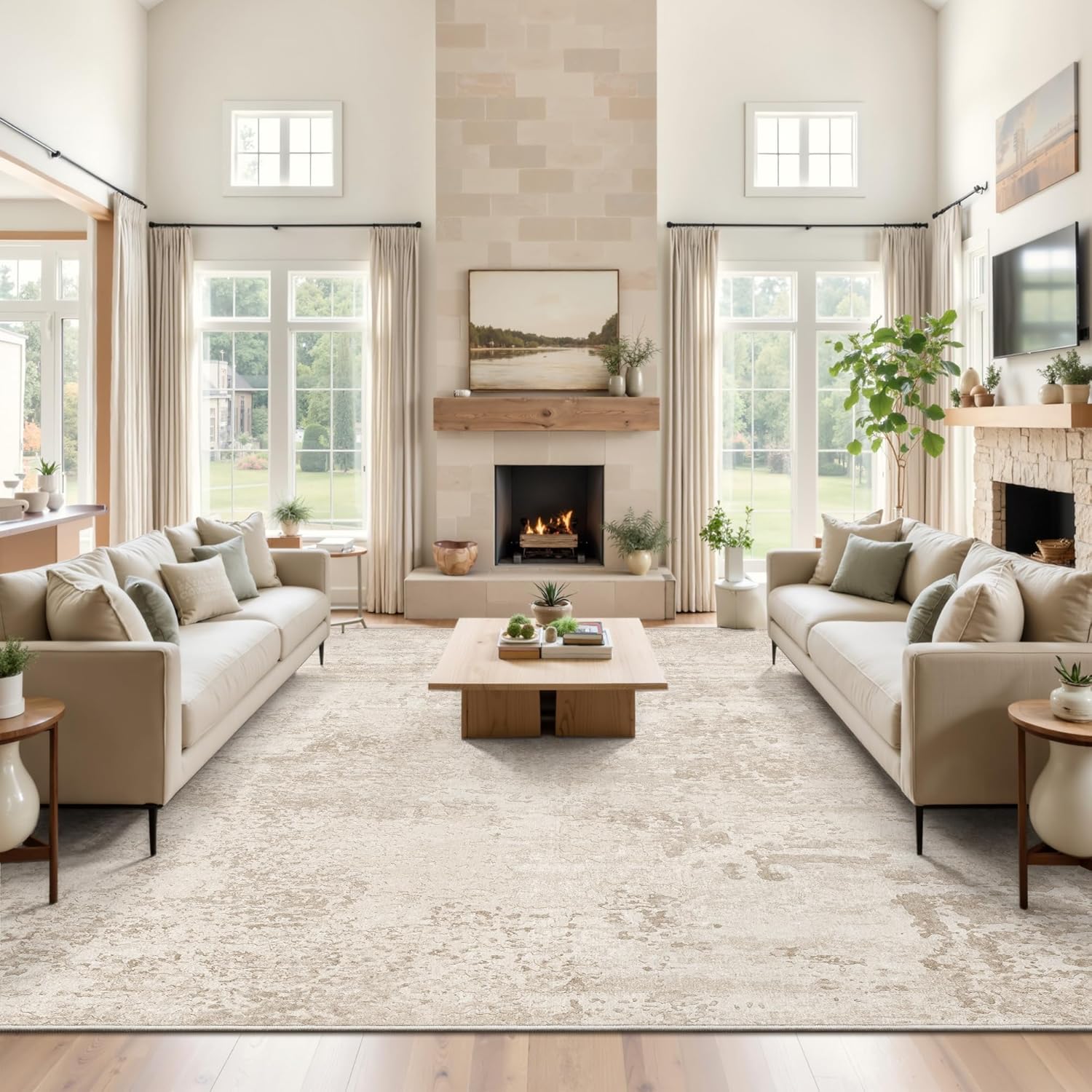 Art&Tuft 8x10 Beige Abstract Washable Area Rug: Anti-Slip, Stain-Resistant, Pet-Friendly