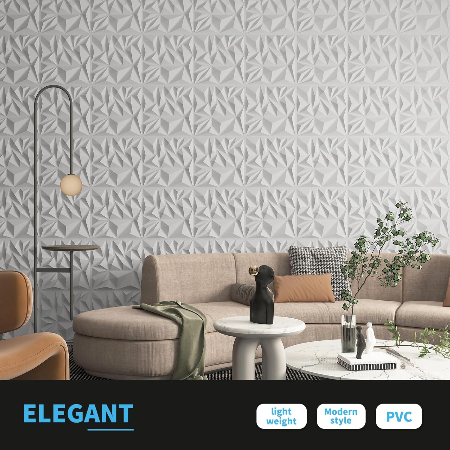 Art3d 33-Pack White 3D Diamond Textured PVC Wall Panels Modern Interior Decor