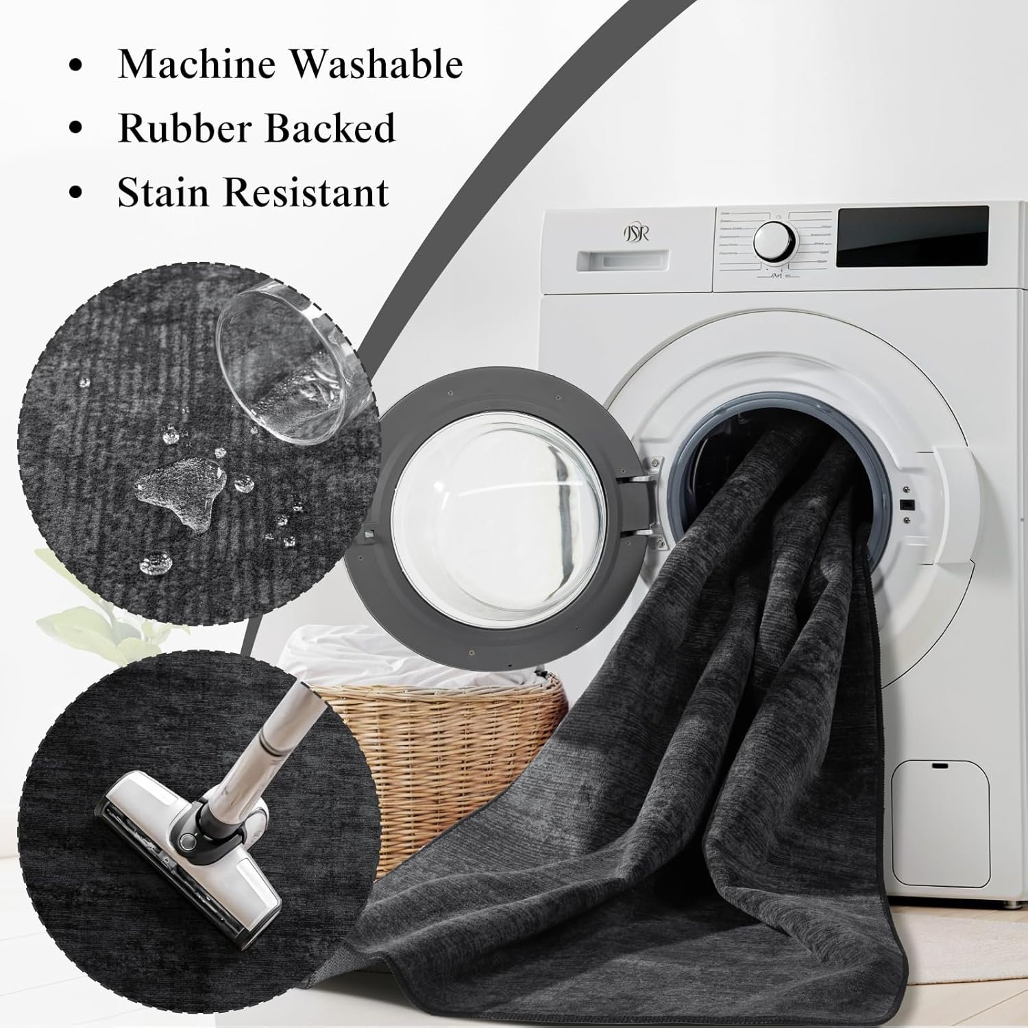 Premium Washable 8x10 Area Rug: Stain-Resistant, Non-Slip, Durable, Ultra-Thin Black