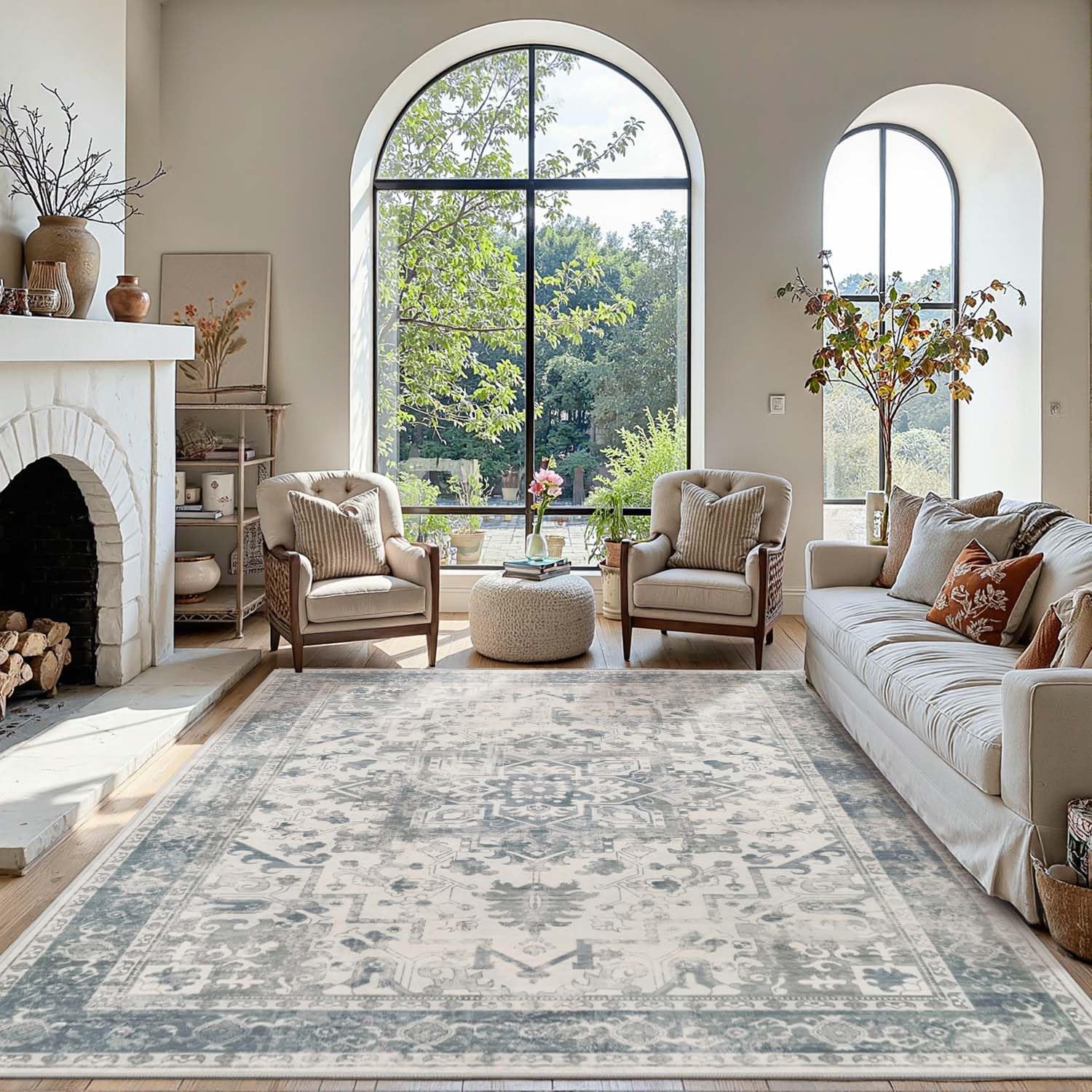 Rugxara Vintage Boho Washable Area Rug 5x7, Light Blue Grey, Non-Slip, Low Pile