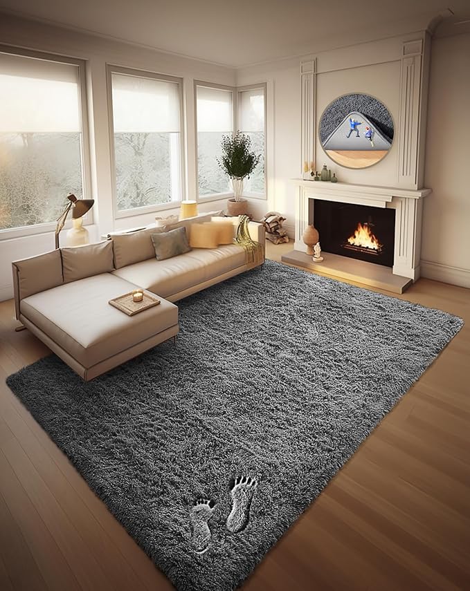 Ophanie Soft Fluffy Shag Area Rug, Non-Slip, Thick, Grey, 8x10 Feet