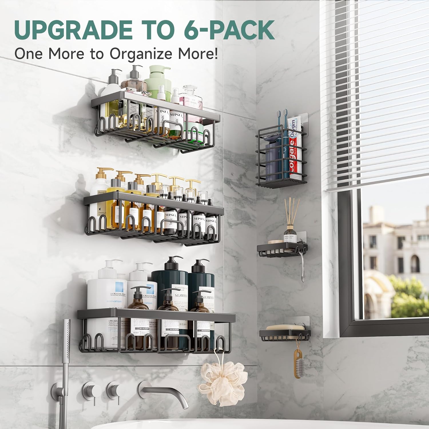 Veken 6-Pack Rustproof Adhesive Shower Caddy - No Drill Wall-Mounted Bathroom Organizer