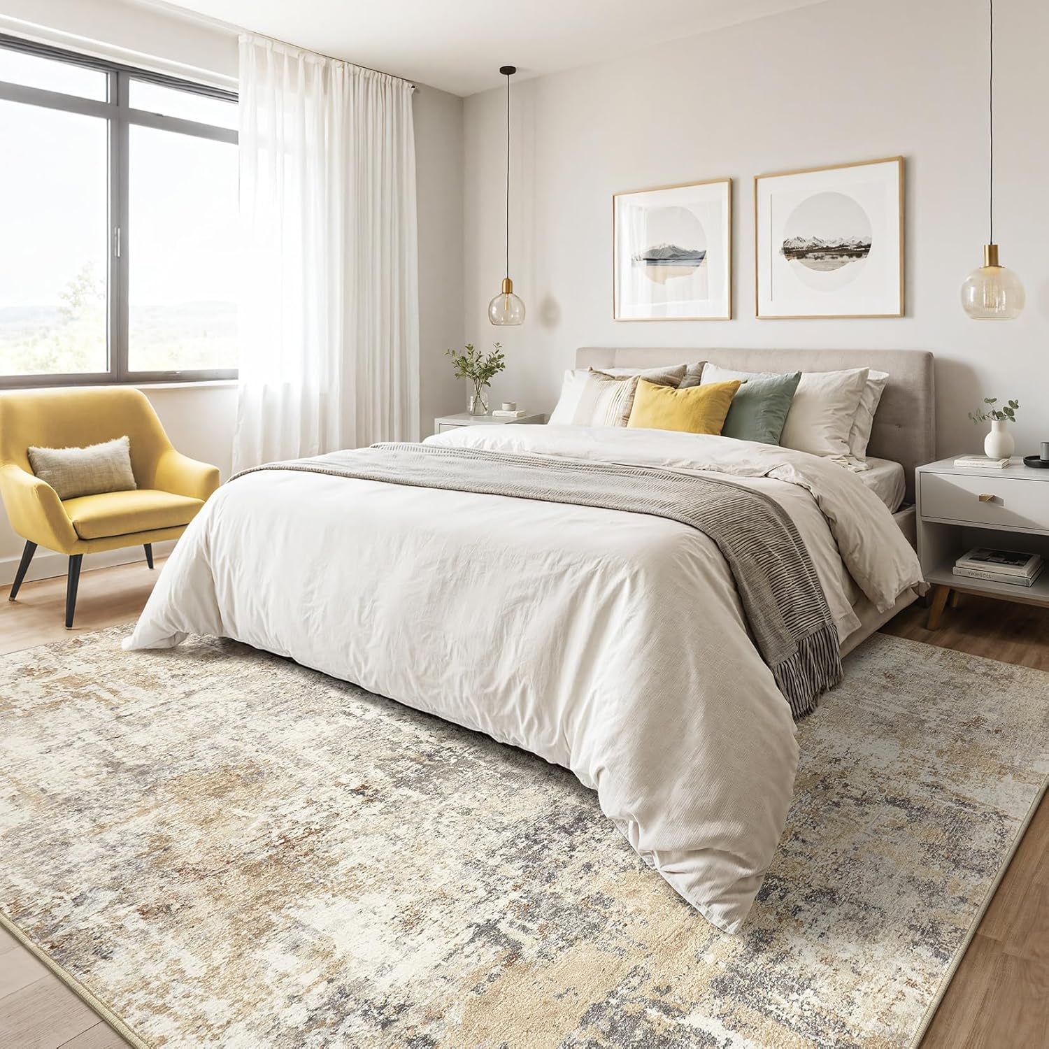 LOONGRUG Washable Abstract Gray Gold Area Rug: Soft, Stain-Resistant Non-Slip 5x7