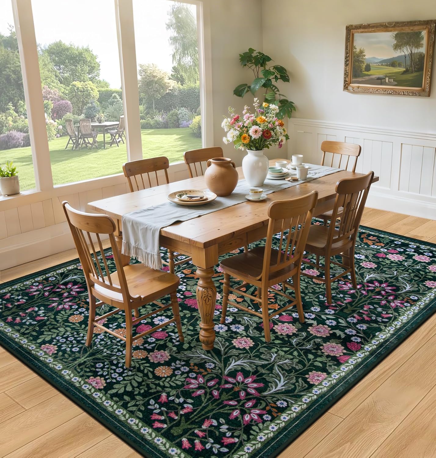 Large 8x10 Floral Washable Area Rug - Vintage Boho, Soft, Non-Slip, Stain Resistant