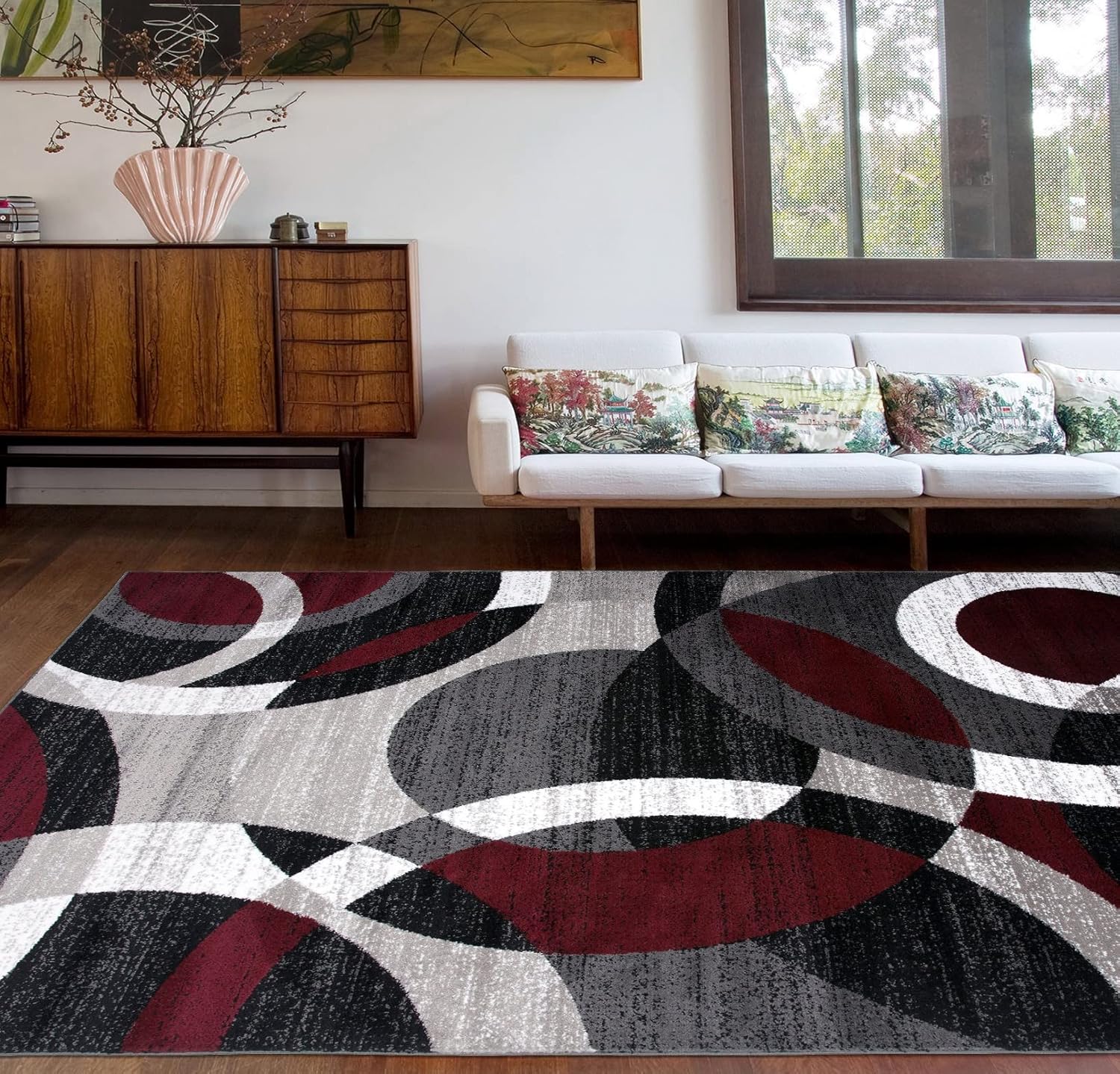 Durable Red Contemporary Abstract Circles Area Rug for High Traffic Living Spaces