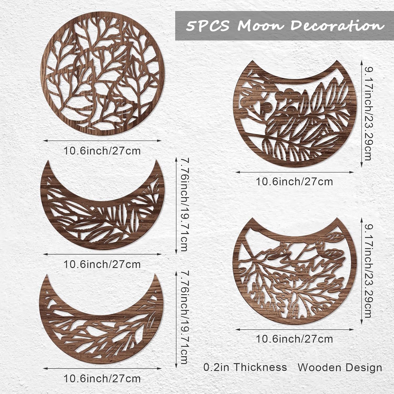 Jetec 5-Piece Wooden Moon Phase Wall Art Decor Set, Nordic Boho Lunar Aesthetic