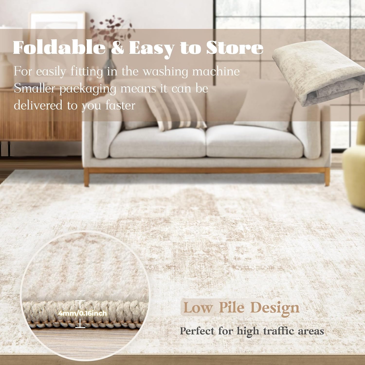 Washable Vintage Boho Medallion Area Rug, Non-Slip Soft Low Pile Indoor
