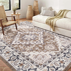 Lofus Floral Brown 5x7 Washable Area Rug: Soft Non-Slip Low Pile
