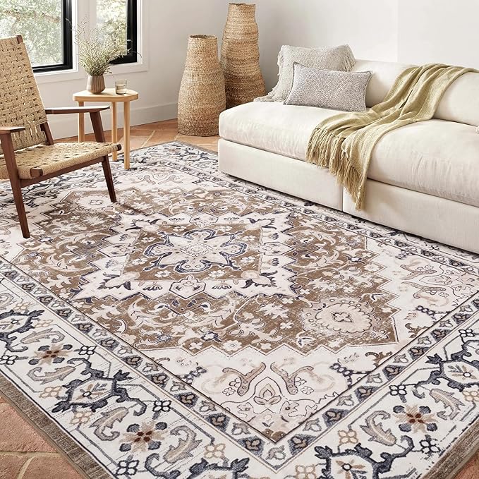 Lofus Floral Brown 5x7 Washable Area Rug: Soft Non-Slip Low Pile