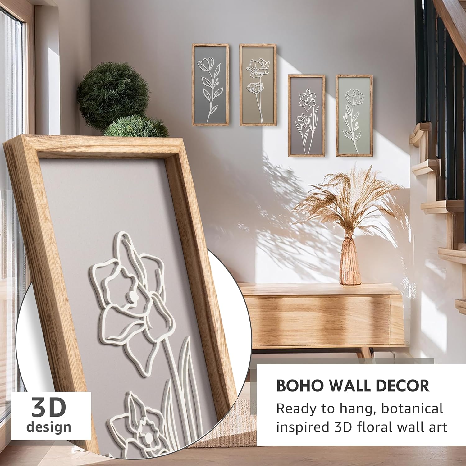 Captivating 3D Wooden Floral Wall Art (Set of 4) - Boho Farmhouse Decor