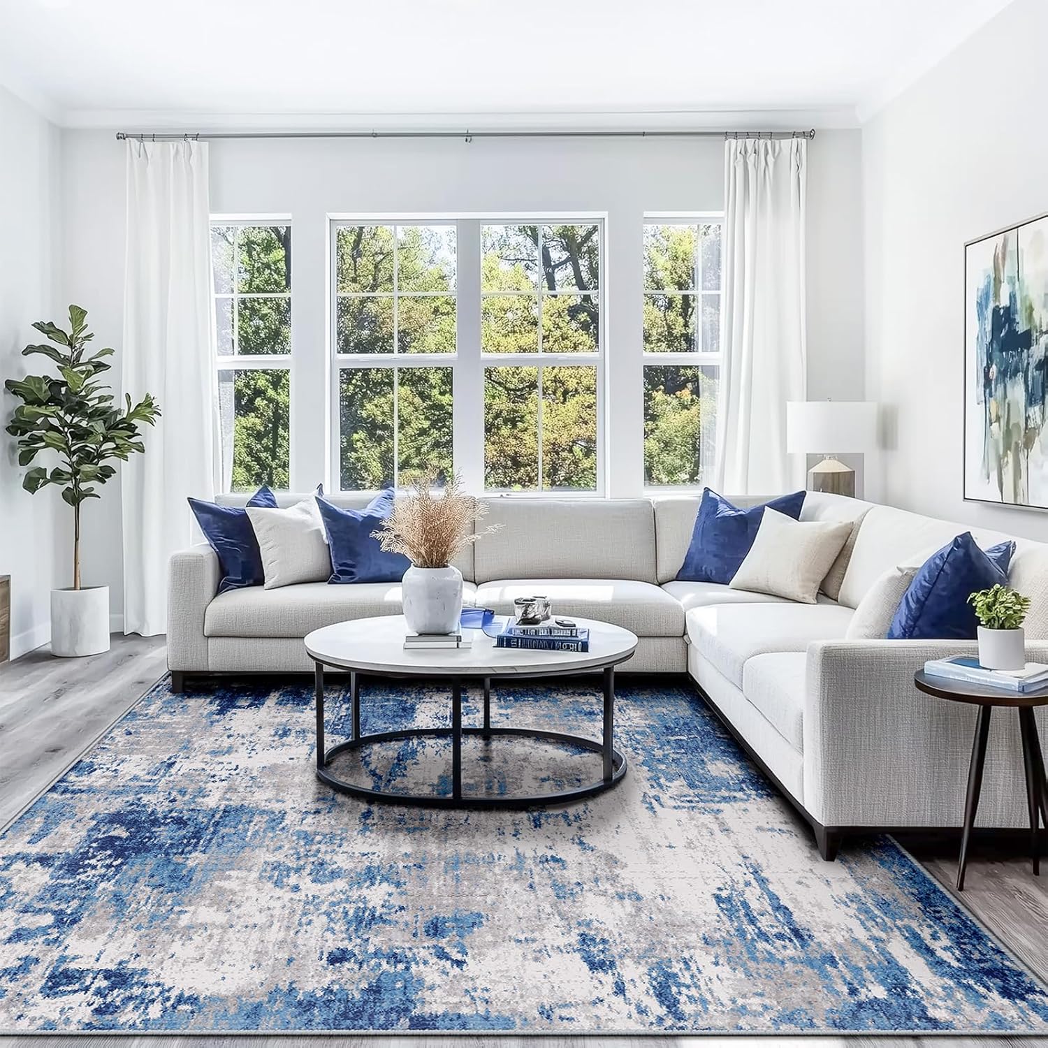 RELEANY Washable Abstract 8'x10' Area Rug, Non-Slip Soft Low-Pile Carpet, Blue-Gray
