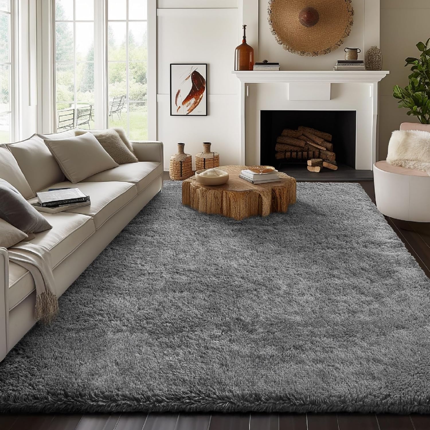 Ophanie Soft Fluffy Shag Area Rug, Non-Slip, Thick, Grey, 8x10 Feet