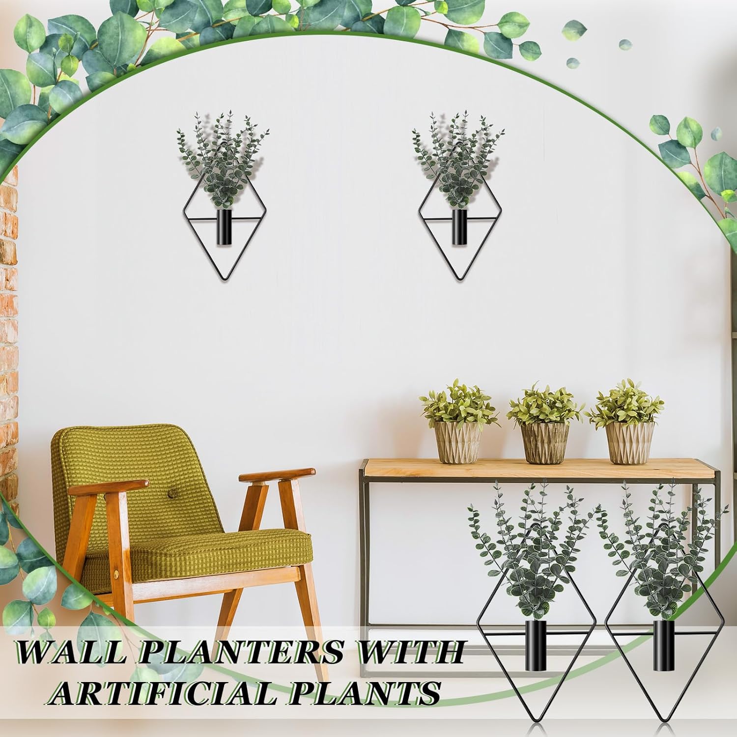 Jexine Modern Geometric Metal Hanging Planters with Faux Eucalyptus, 4-Pack Black