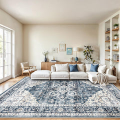 AMADA 8x10 Washable Area Rug: Low-Profile, Non-Slip, Vintage Floral Design