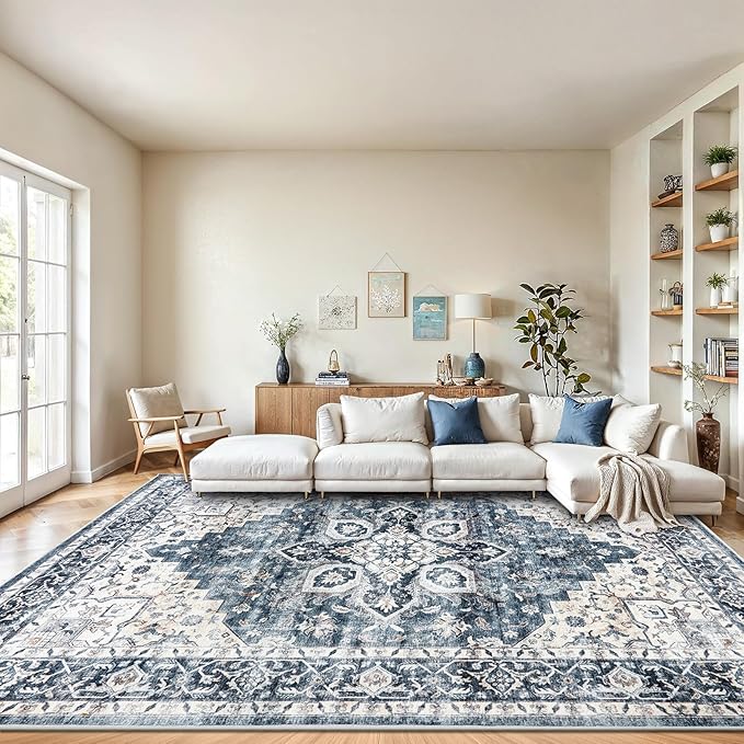 AMADA 8x10 Washable Area Rug: Low-Profile, Non-Slip, Vintage Floral Design