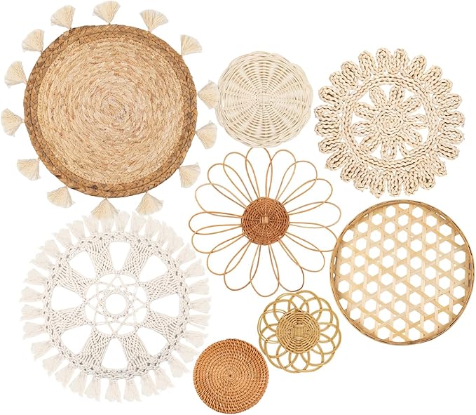 8-Piece Boho Woven Wall Basket Decor Set with Macrame Tassels - Rattan Seagrass Art
