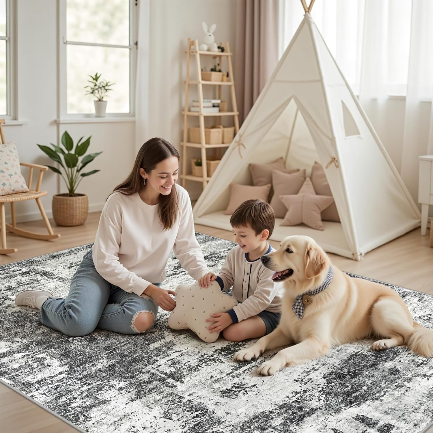 Modern Abstract 8x10 Washable Area Rug: Soft, Anti-Slip, Stain-Resistant Carpet