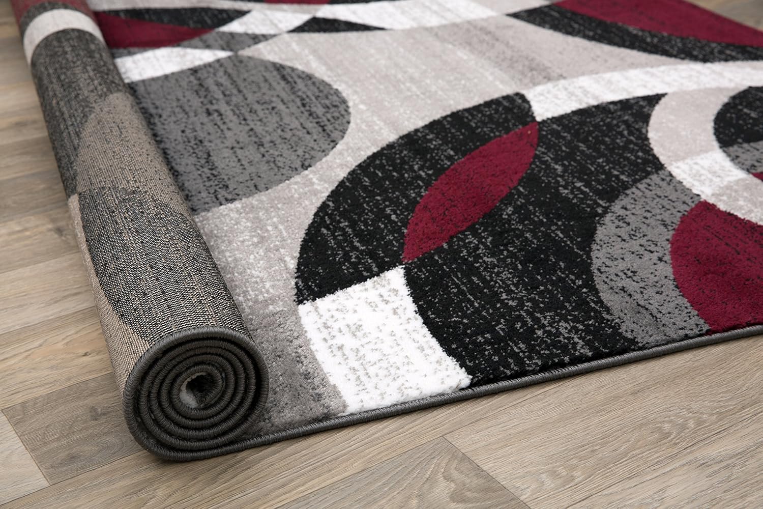 Durable Red Contemporary Abstract Circles Area Rug for High Traffic Living Spaces